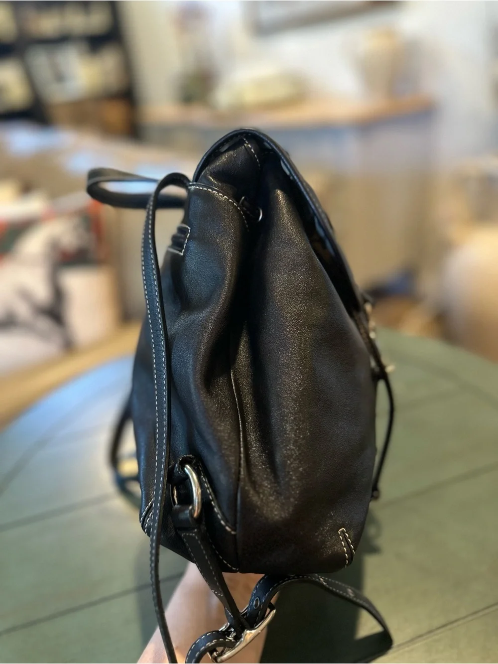 Coach Black Leather Drawstring Backpack with Silver-Tone Clasp
